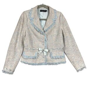 Rickie Freeman Teri Jon Tweed Shimmer Pastel Fringe Bow Feminine Blazer Size 10